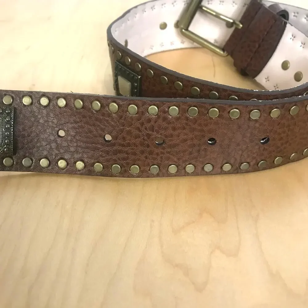 Unknown Leather Belt SZ S Studded with‎ Metal and Stone Detailing
